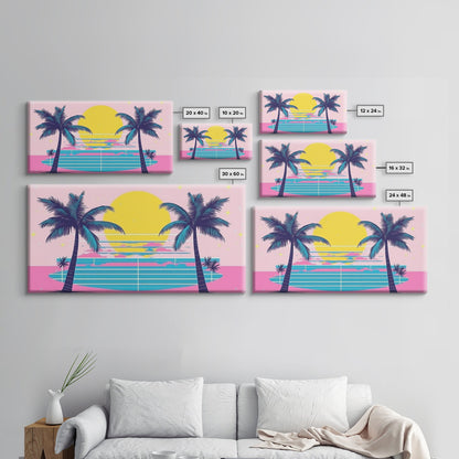 Retro Synthwave Wall Art, Outrun Home Decor Framed Canvas Print, Two Palm Trees and a Sunset