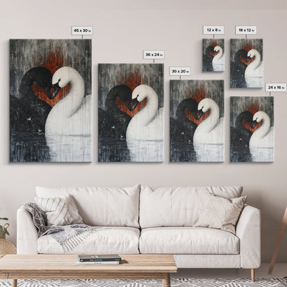 Two Swans in Love, Framed Canvas Print, Goth Decor, Wedding Gift Idea, Engagement Gift, Gift For Couples, Swan Painting, Swan Art