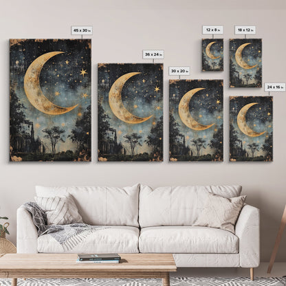 Mystical Moon Painting Print, Folk Art Canvas Print, Eerie Atmospheric Wall Art, Subdued and Moody Home Decor, Crescent Moon Painting