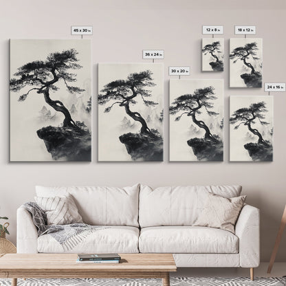 Bonzai Tree on a Cliff Wabi Sabi Painting Print, Wood Framed Wall Art, Bonzai Tree Art, Japanese Style Artwork