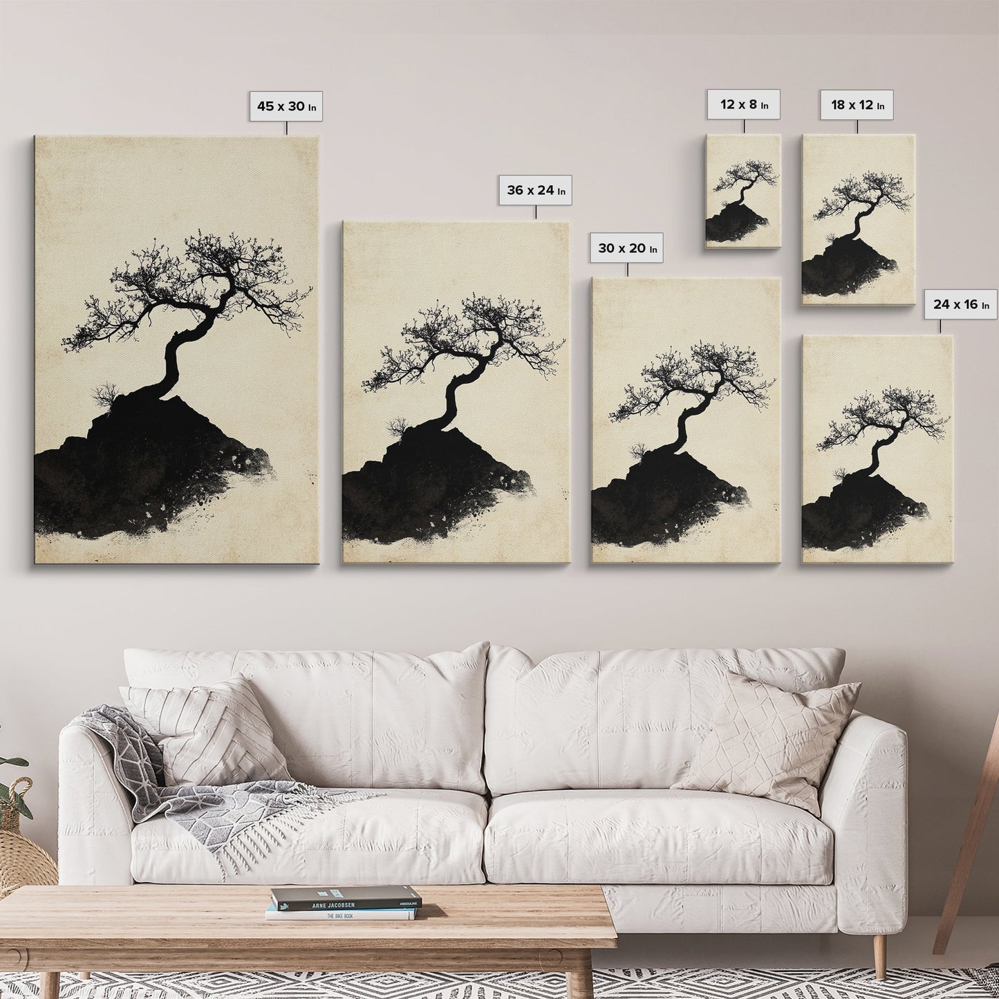 Black and White Charcoal Sketch Print of a Bonzai Tree, Framed Canvas Print, Wabi Sabi Art, Wabi Sabi Painting, Minimalist Home Decor
