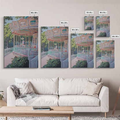 Nursery Decor Framed Canvas Print, Wall Decor for Girl's Room, Carrousel Oil Painting, Oil Painting of a Carrousel