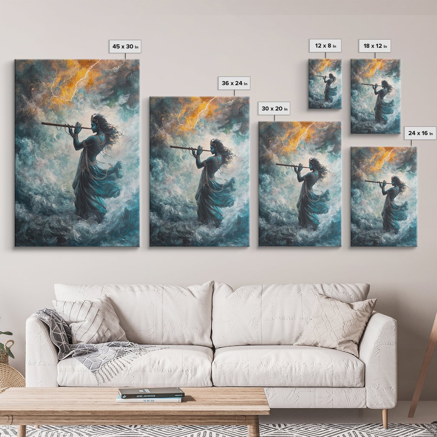 Hindu Art, Radha Krishna Playing Flute Painting Print, Hinduism Wall Art Wood Framed Canvas Print