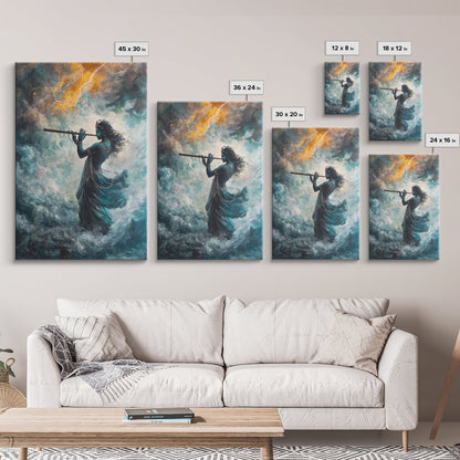 Hindu Art, Radha Krishna Playing Flute Painting Print, Hinduism Wall Art Wood Framed Canvas Print