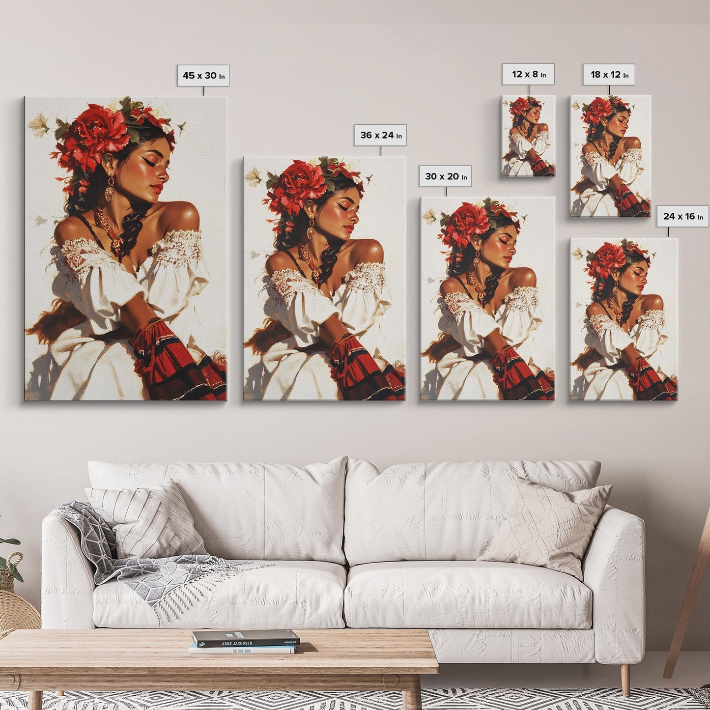 Mexican Floral Latina Portrait Canvas Print, Romatic Mariachi Wall Decor, Southwestern Modern Art, Rustic Mexicano Wall Art, Chicano Painting