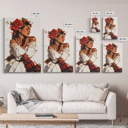 Mexican Floral Latina Portrait Canvas Print, Romatic Mariachi Wall Decor, Southwestern Modern Art, Rustic Mexicano Wall Art, Chicano Painting
