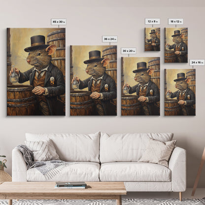 Rats with Jobs, Framed Canvas Print, Rat Painting, The Rat Whiskey Distiller, Cute Rat Home Decor