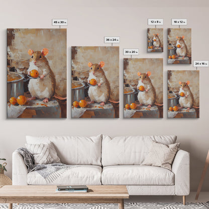 Rats with Jobs, Framed Canvas Print, Rat Painting, The Rat Chef, Cute Rat Home Decor, Rat Cooking Stew