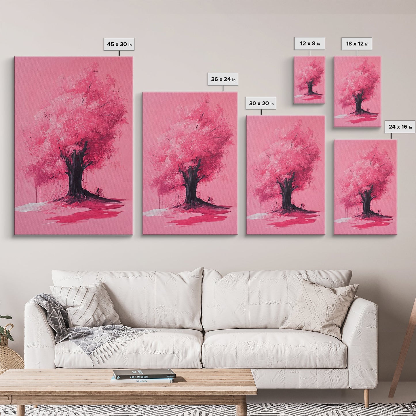 Pink Maple Tree Preppy Painting Print, Girl's Dorm Room Wall Art Home Decor, Trendy Wall Art, Pink Decor