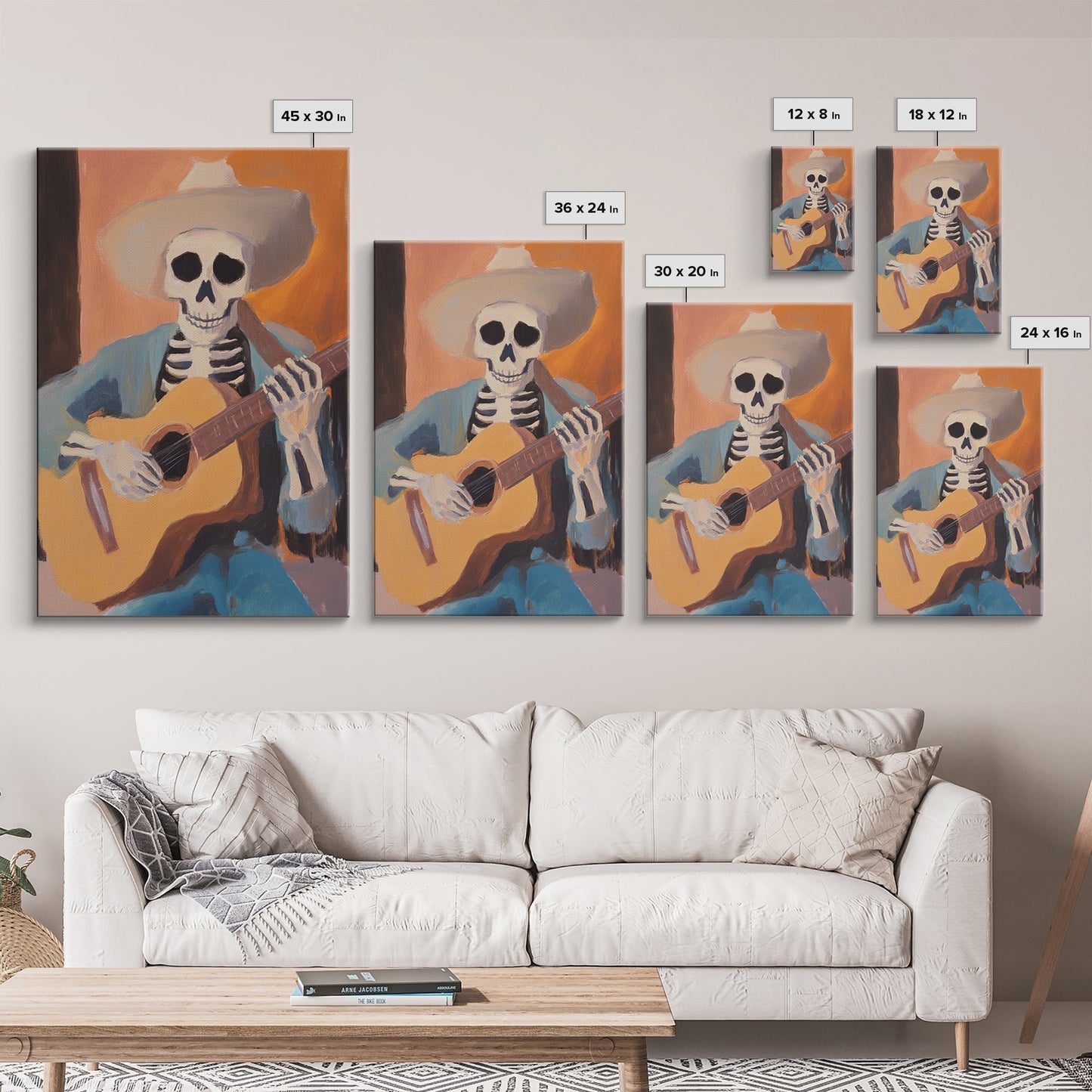 Canvas Print of a Sekelton Cowboy Guitar Player - Chicano Art - Wood Framed Canvas - Original Art