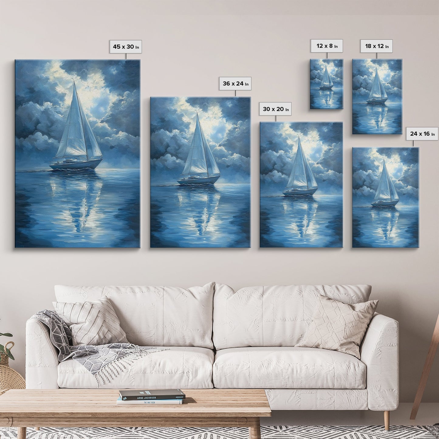 Reflections of a Sail Boat under a Full Moon Framed Canvas Print, Nautical Decor, Sail Boat Oil painting, Sailboat Painting, Nautical Home Decor