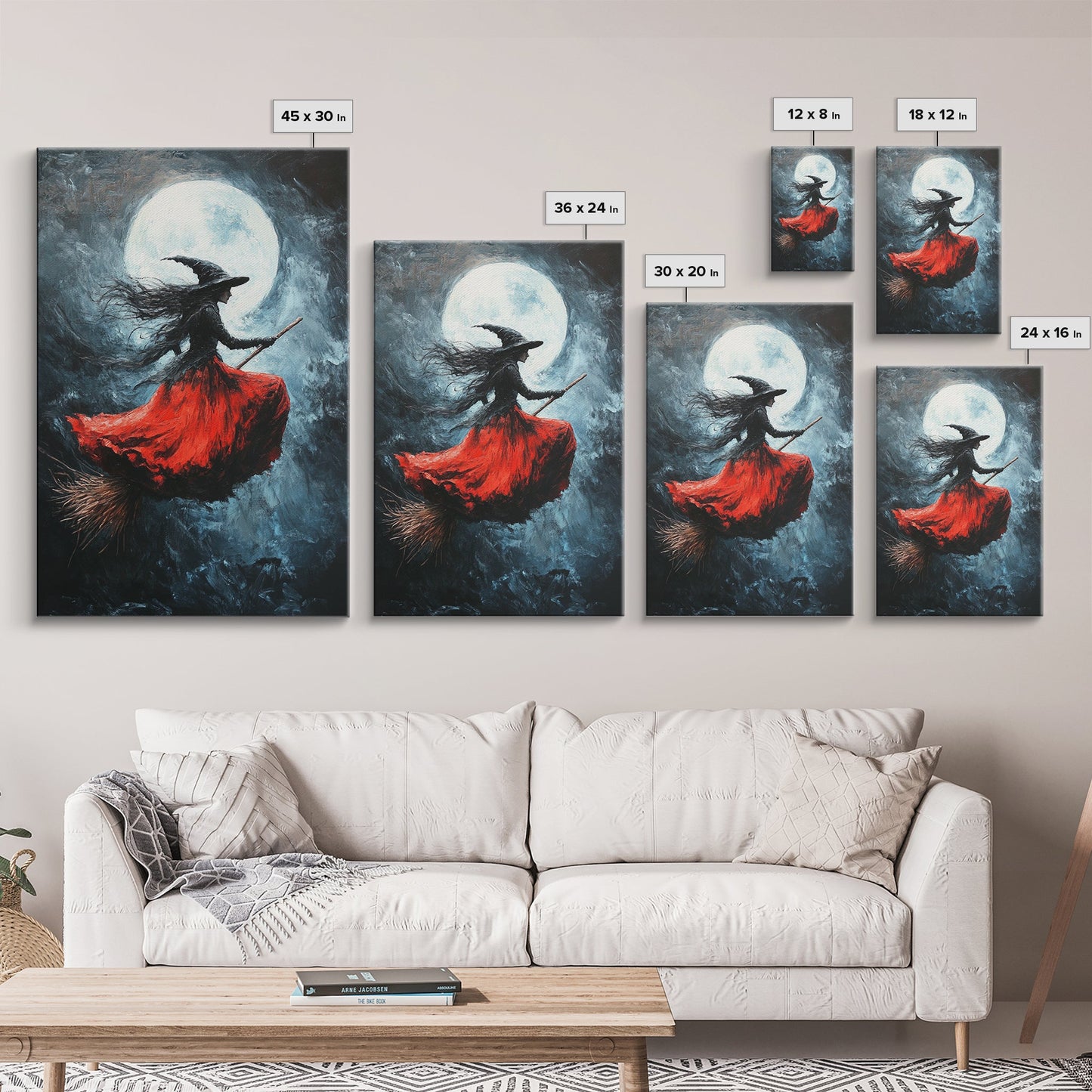 The Witch Rides her Broom under a full moon - Framed Canvas Print - Witchy Decor - Witch Painting - Halloween Wall Art