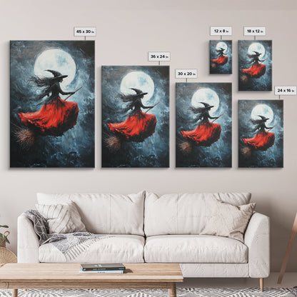 The Witch Rides her Broom under a full moon - Framed Canvas Print - Witchy Decor - Witch Painting - Halloween Wall Art