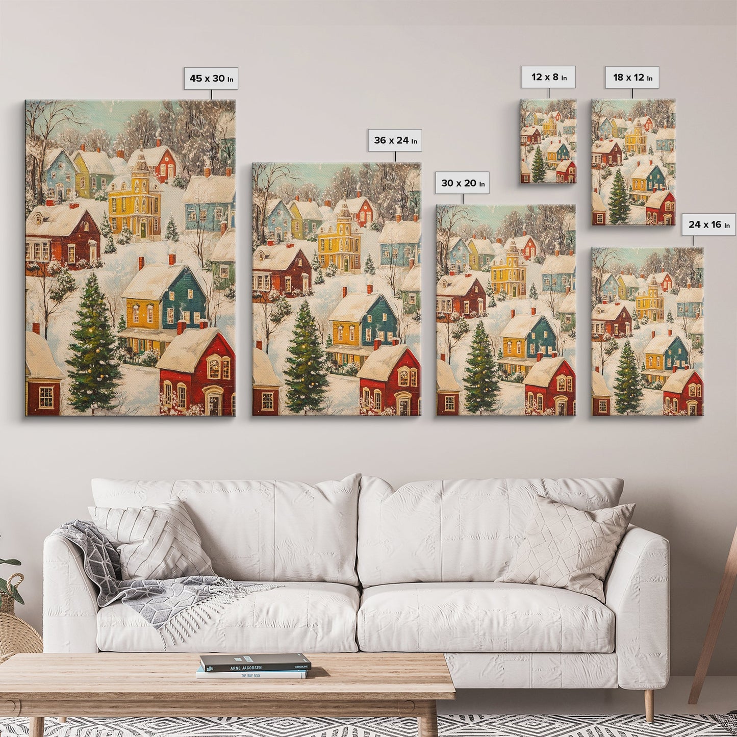 Retro Christmas Village Wall Art For Above Mantle, Framed Canvas Print, Christmas Home Decor, Christmas Wall Art, Christmas Postcard Art