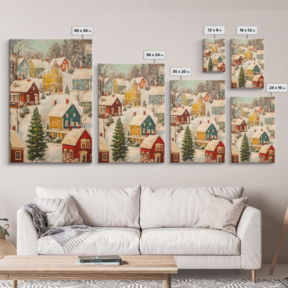 Retro Christmas Village Wall Art For Above Mantle, Framed Canvas Print, Christmas Home Decor, Christmas Wall Art, Christmas Postcard Art