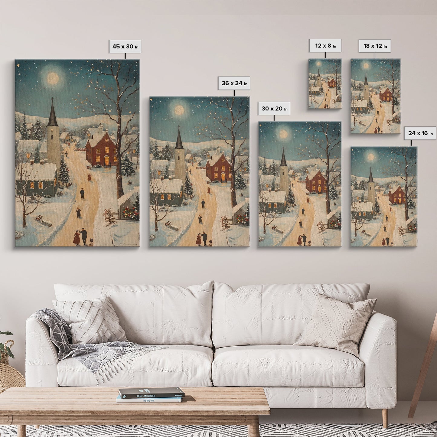 Full Moon on Christmas Even, Framed Canvas Print, Vintage Christmas Oil Painting Print, Christmas Village Wall Art, Christmas Sign, Christmas Art