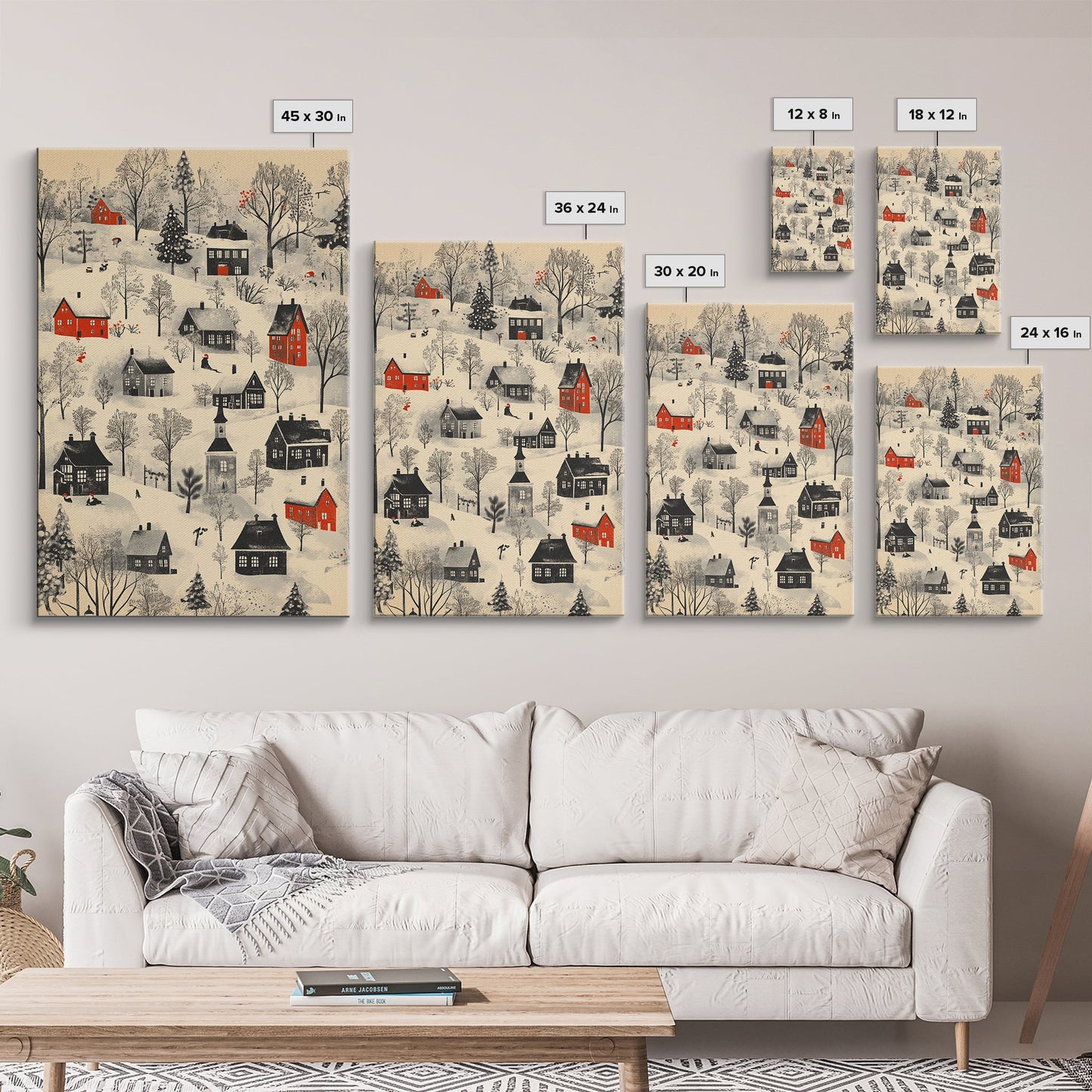 Sketch of a Christmas Village Canvas Print - Framed Canvas - Minimalist Christmas Art - Boho Christmas Art - Rustic Christmas Art