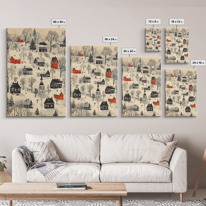 Sketch of a Christmas Village Canvas Print - Framed Canvas - Minimalist Christmas Art - Boho Christmas Art - Rustic Christmas Art