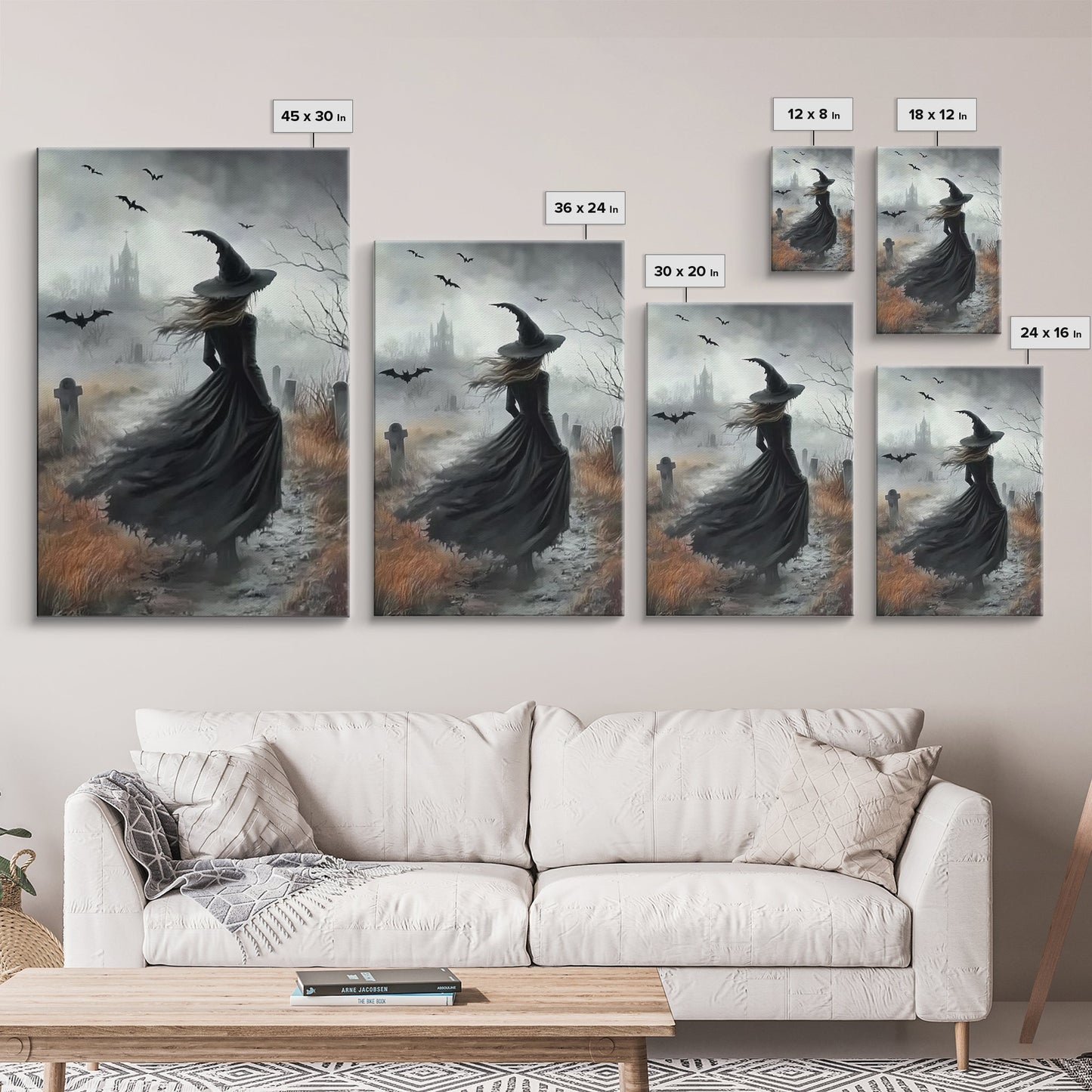 Gothic Oil Painting Print Of a Witch in a Grave Yard, Framed Canvas Print, Dark Academia, Gothic Art, Goth Decor, Halloween Wall Art