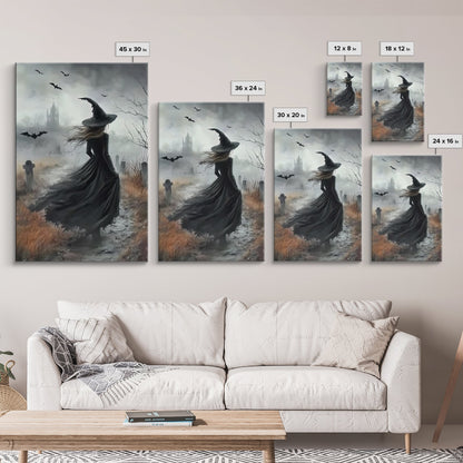 Gothic Oil Painting Print Of a Witch in a Grave Yard, Framed Canvas Print, Dark Academia, Gothic Art, Goth Decor, Halloween Wall Art