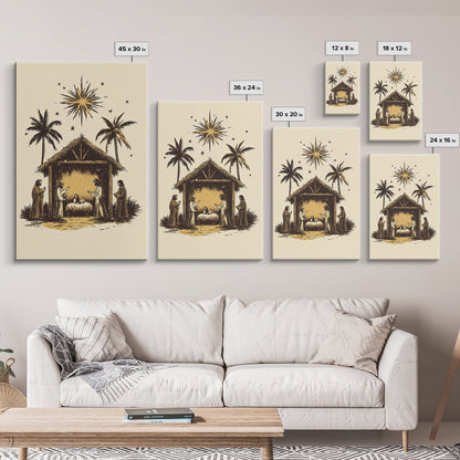 Vintage Nativity Scene Canvas Print - Framed Canvas - Minimalist Christmas Art - Boho Christmas Art - Rustic Christmas Art