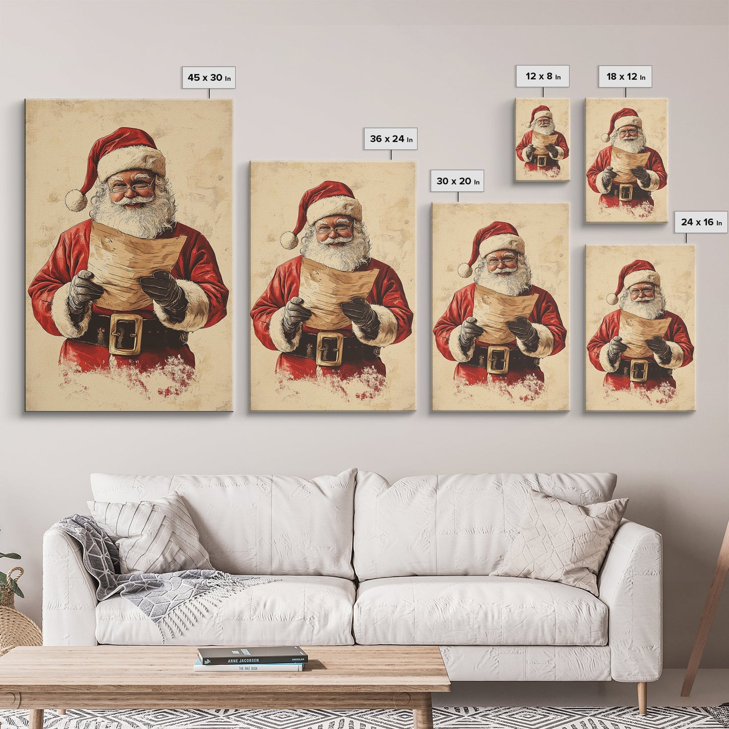 Santa Reading His List Canvas Print - Framed Canvas - Minimalist Christmas Art - Boho Christmas Art - Rustic Christmas Art