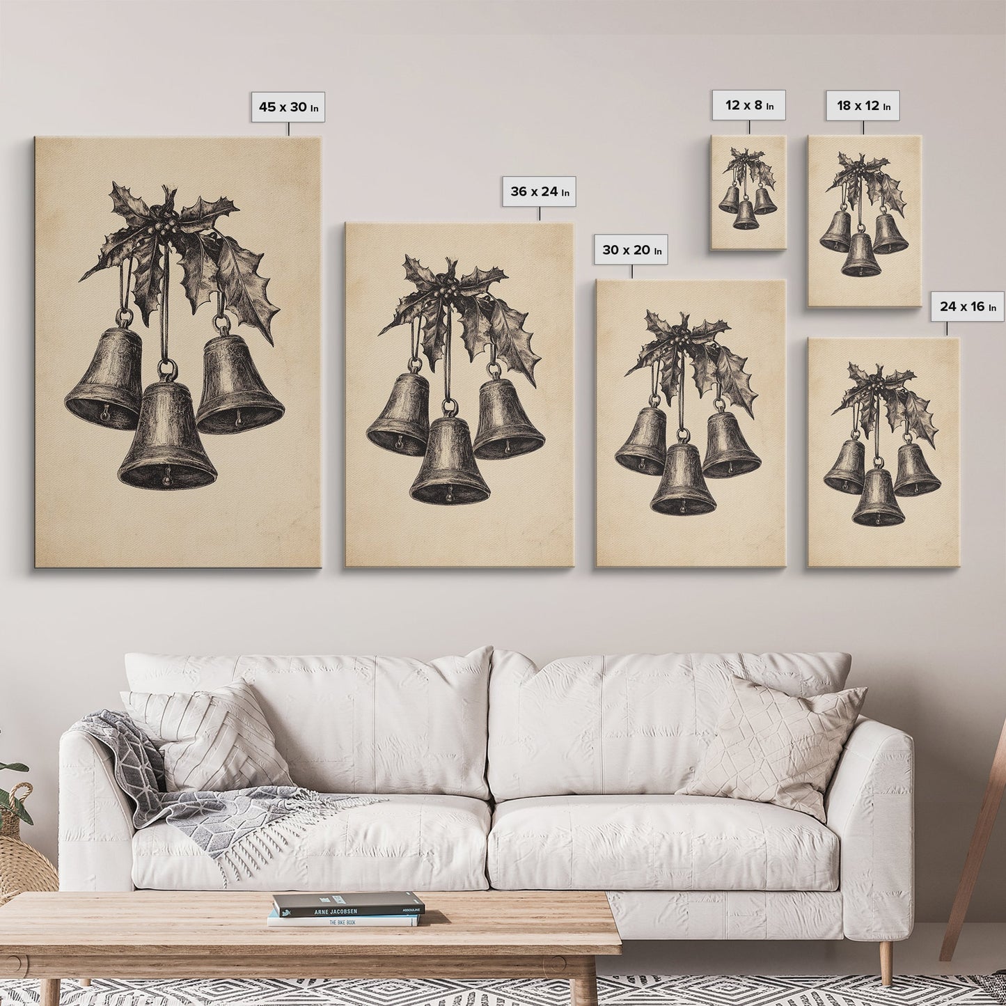 Christmas Bells Canvas Print - Framed Canvas - Minimalist Christmas Art - Boho Christmas Art - Rustic Christmas Art