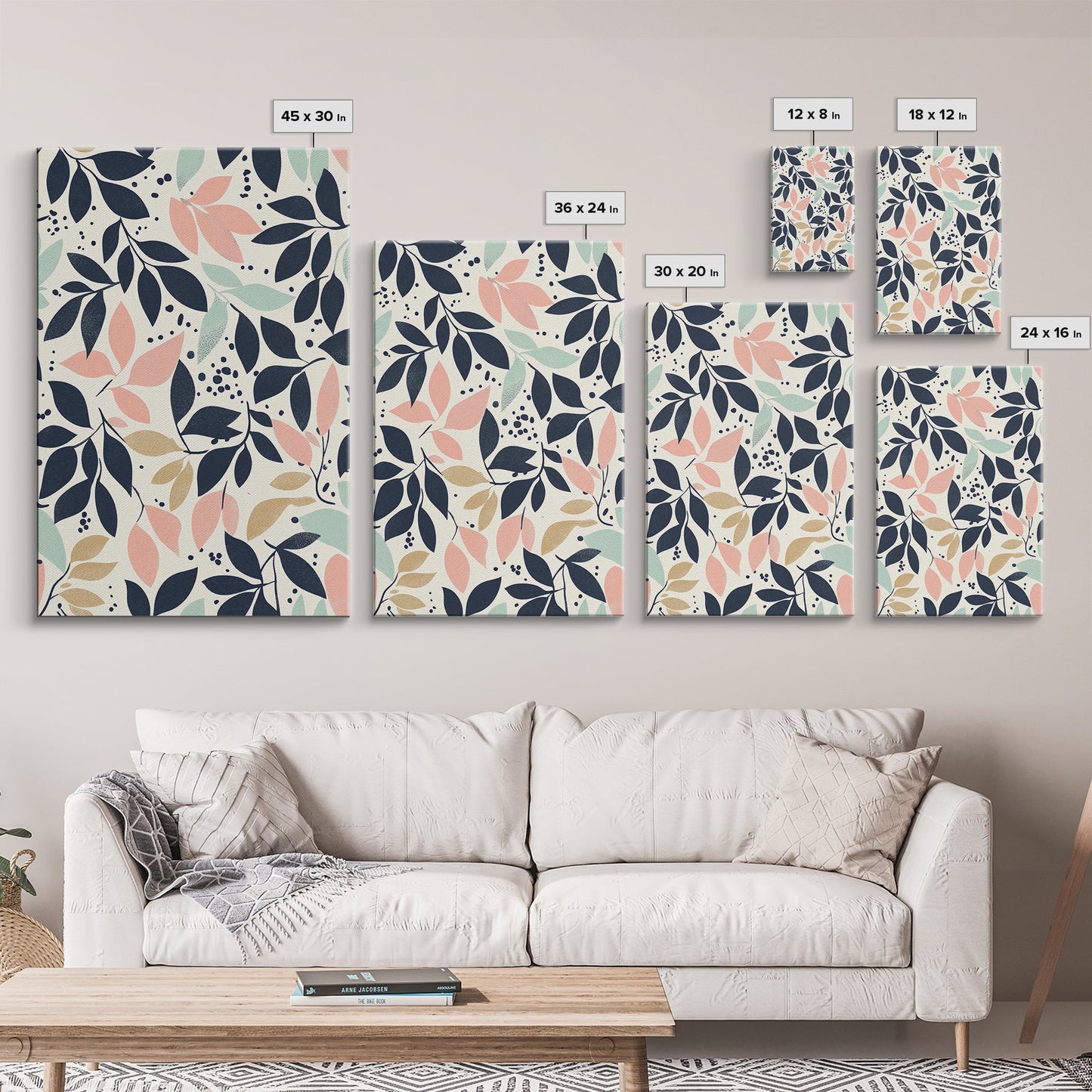 Pastel Florel and Botanical Wall Art, Mid Century Modern Leaves Art Print, Wood Frame Wall Art Canvas Print, Canvas Art, Living Room Decor