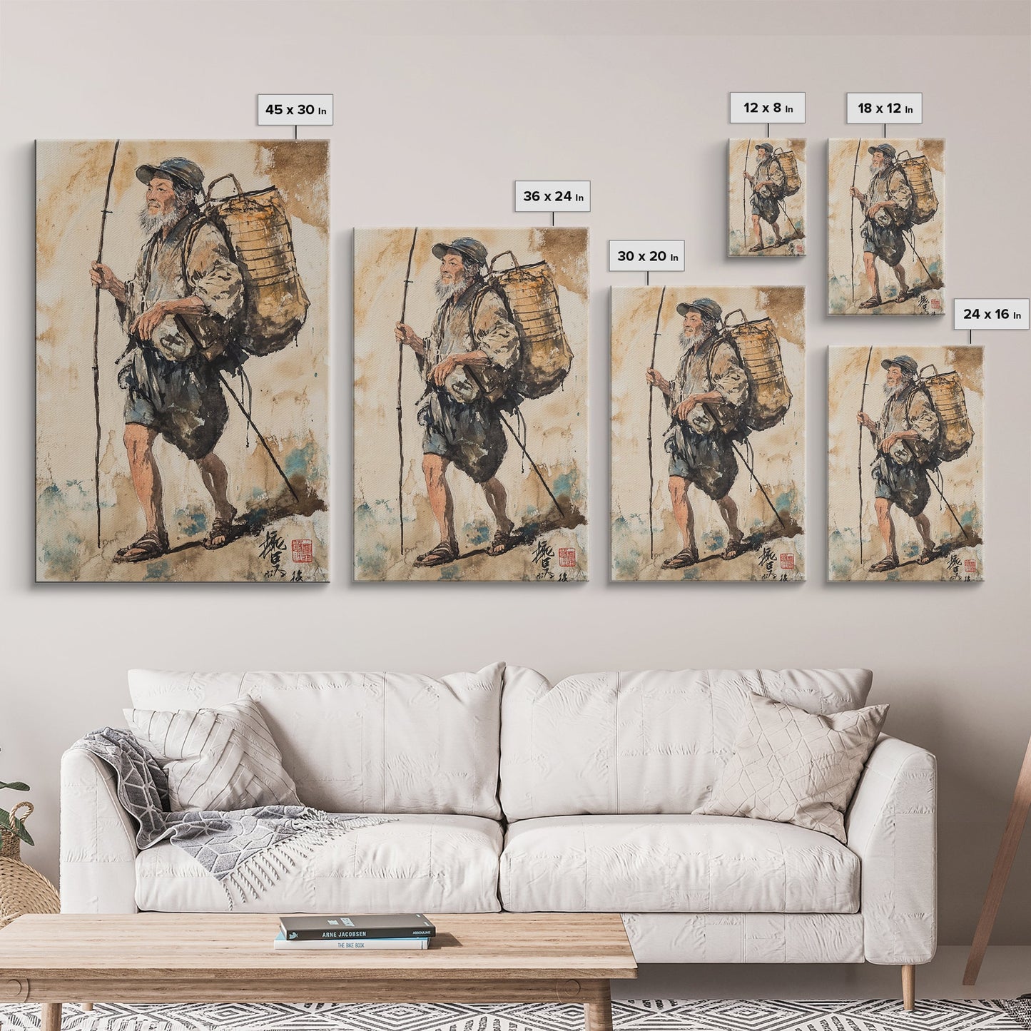 Japanese Fisherman Painting Print, Wabi Sabi Wall Art, Japanese Style Home Decor, Japanese Wood Block Print Style Art