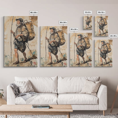 Japanese Fisherman Painting Print, Wabi Sabi Wall Art, Japanese Style Home Decor, Japanese Wood Block Print Style Art