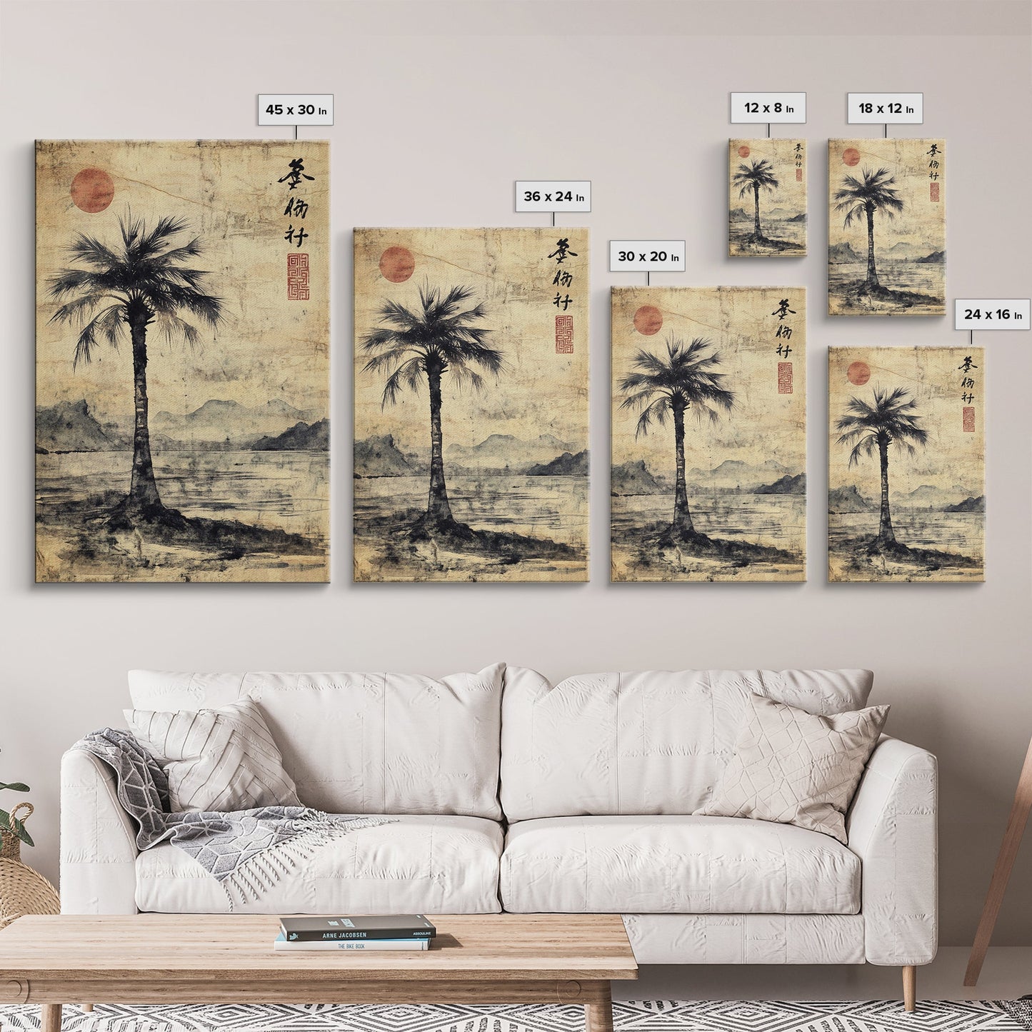 Wabi Sabi Palm Tree Coastal Art Nautical Decor, Framed Canvas Print, Japanese Style Artwork, Palm Tree Painting, Coastal Painting for Living Room
