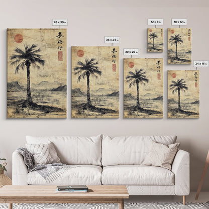 Wabi Sabi Palm Tree Coastal Art Nautical Decor, Framed Canvas Print, Japanese Style Artwork, Palm Tree Painting, Coastal Painting for Living Room