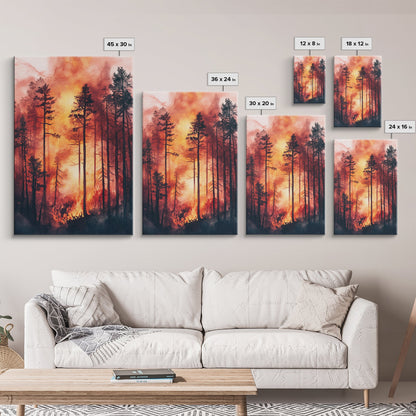 Ready to Hang Watercolor Painting Print of a Forest Fire, Beautiful Wall Art, Forest Fire Natural Disaster Wall Art, California Wall Art
