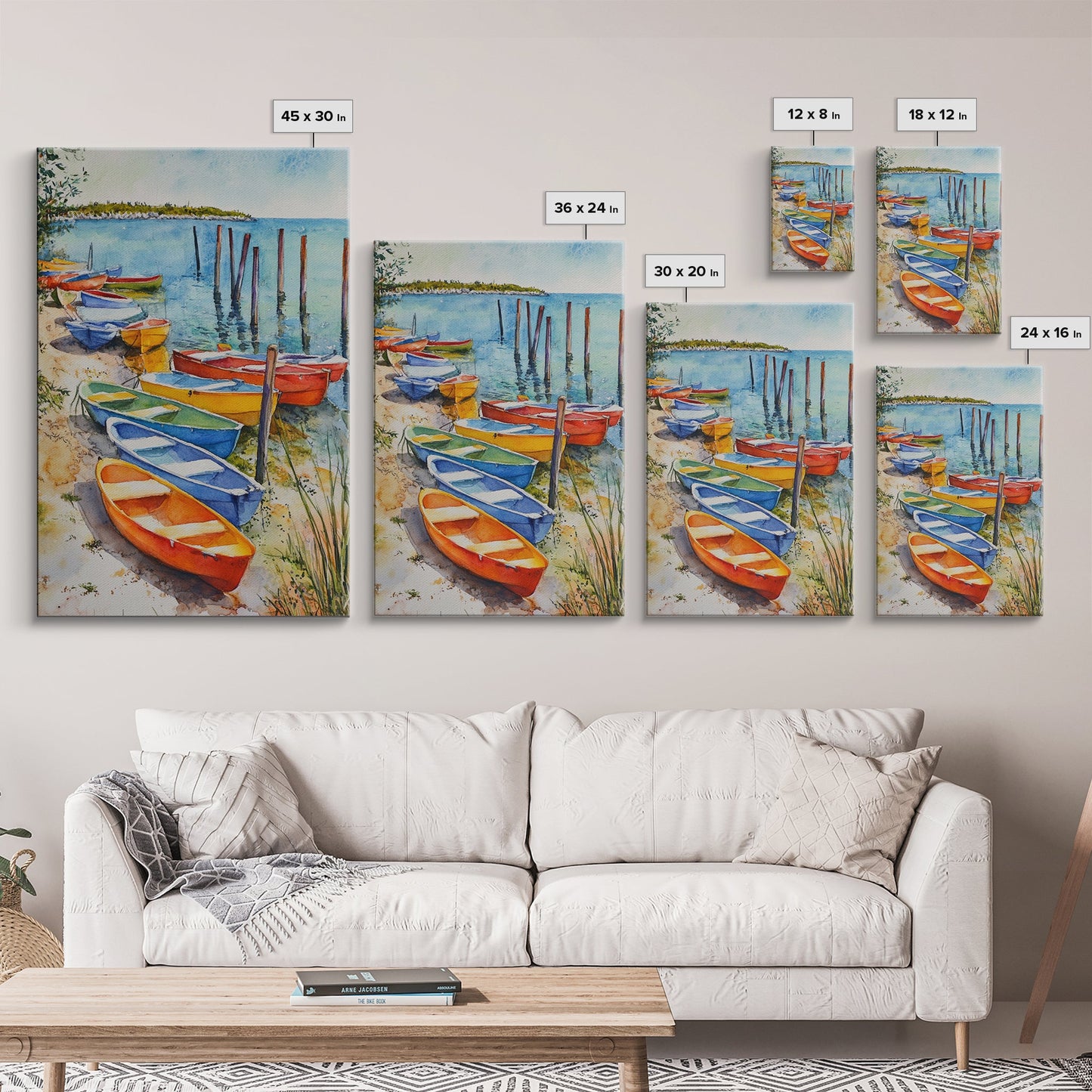 Kayaks On The Ocean Framed Canvas Print, Maine Painting, Coastal Decor, Cute Coastal Wall Art, Preppy Decor, Coastal Landscape Painting