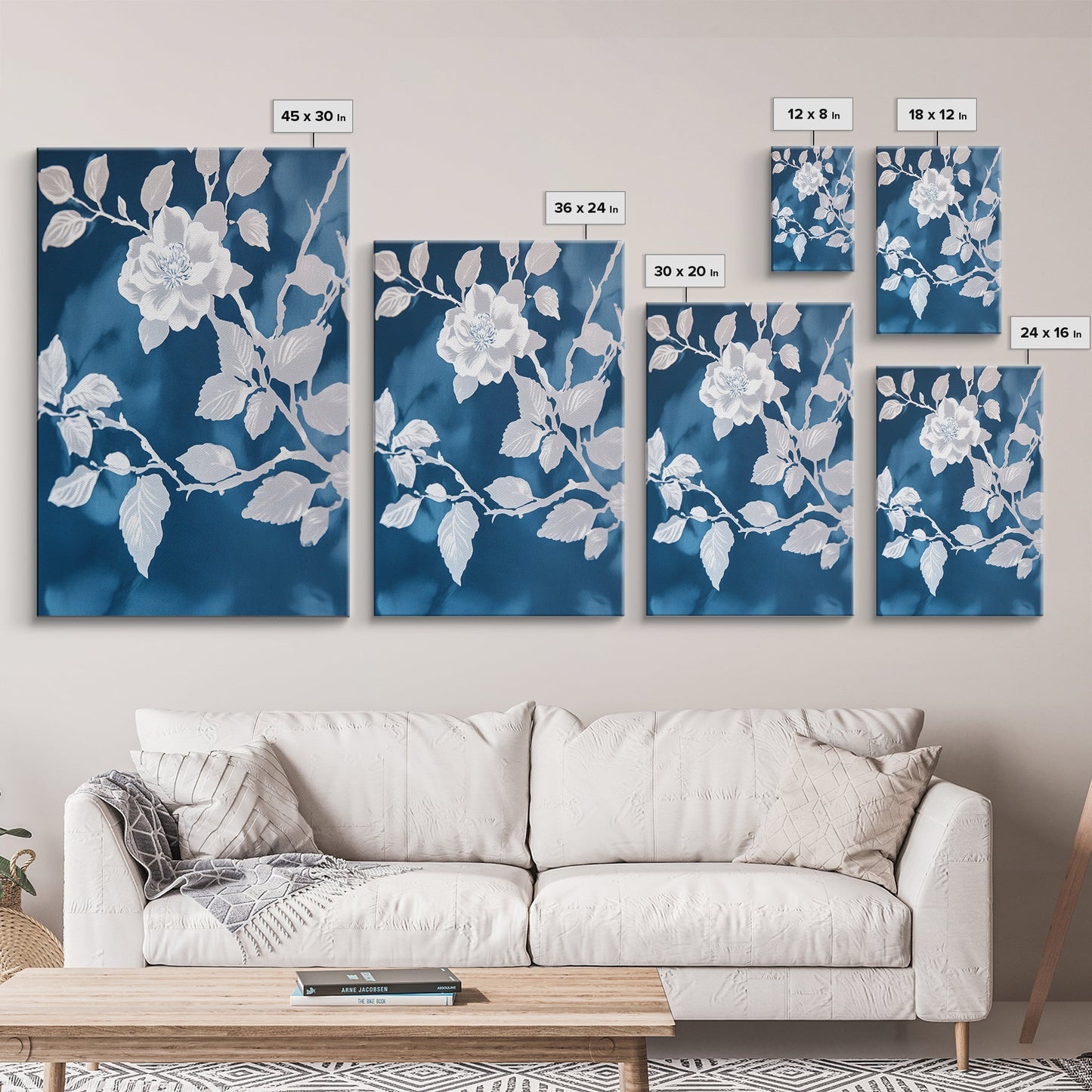 White Flowers on Blue Background Framed Canvas Print, Chinoiserie Wall Art, Boho Decor, Minimalist Wall Art, Boho Home Decor