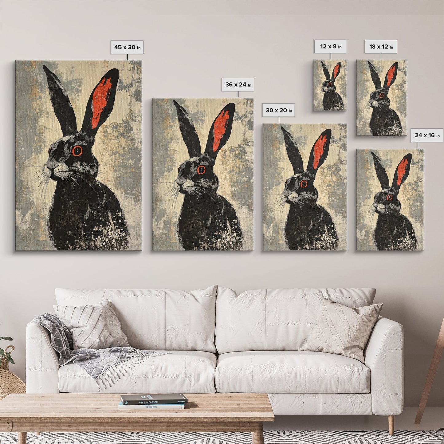 The Black Bunny, Framed Canvas Print Ready To Hang, Bunny Rabbit Art, Rabbit Painting, Minimalist Japanese Style Art