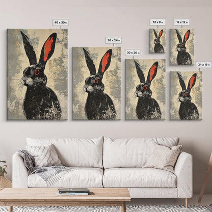 The Black Bunny, Framed Canvas Print Ready To Hang, Bunny Rabbit Art, Rabbit Painting, Minimalist Japanese Style Art