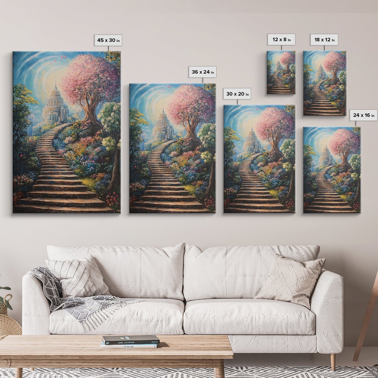 The Steps To The Sky, Framed Canvas Print, Cute Fantasy  Decor, Preppy Wall Art, Gift For Her, Dorm Wall Art, Landscape Painting