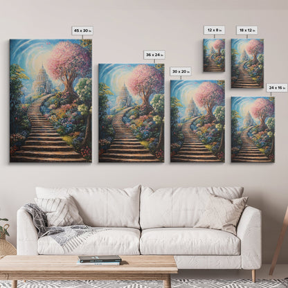 The Steps To The Sky, Framed Canvas Print, Cute Fantasy  Decor, Preppy Wall Art, Gift For Her, Dorm Wall Art, Landscape Painting