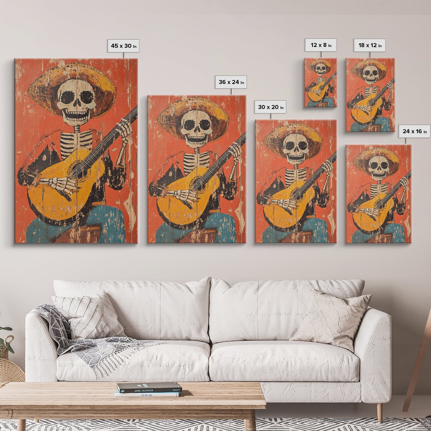 Arte Mexicano - Framed Canvas Print - Chicano Art - Skeleton Vaquero playing a guitarra, Mexican Inspired Wall Art, Southwestern Art
