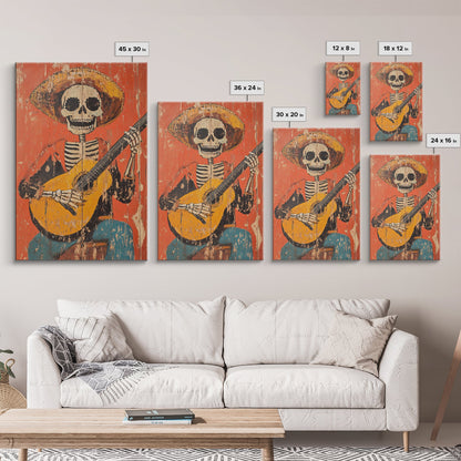 Arte Mexicano - Framed Canvas Print - Chicano Art - Skeleton Vaquero playing a guitarra, Mexican Inspired Wall Art, Southwestern Art