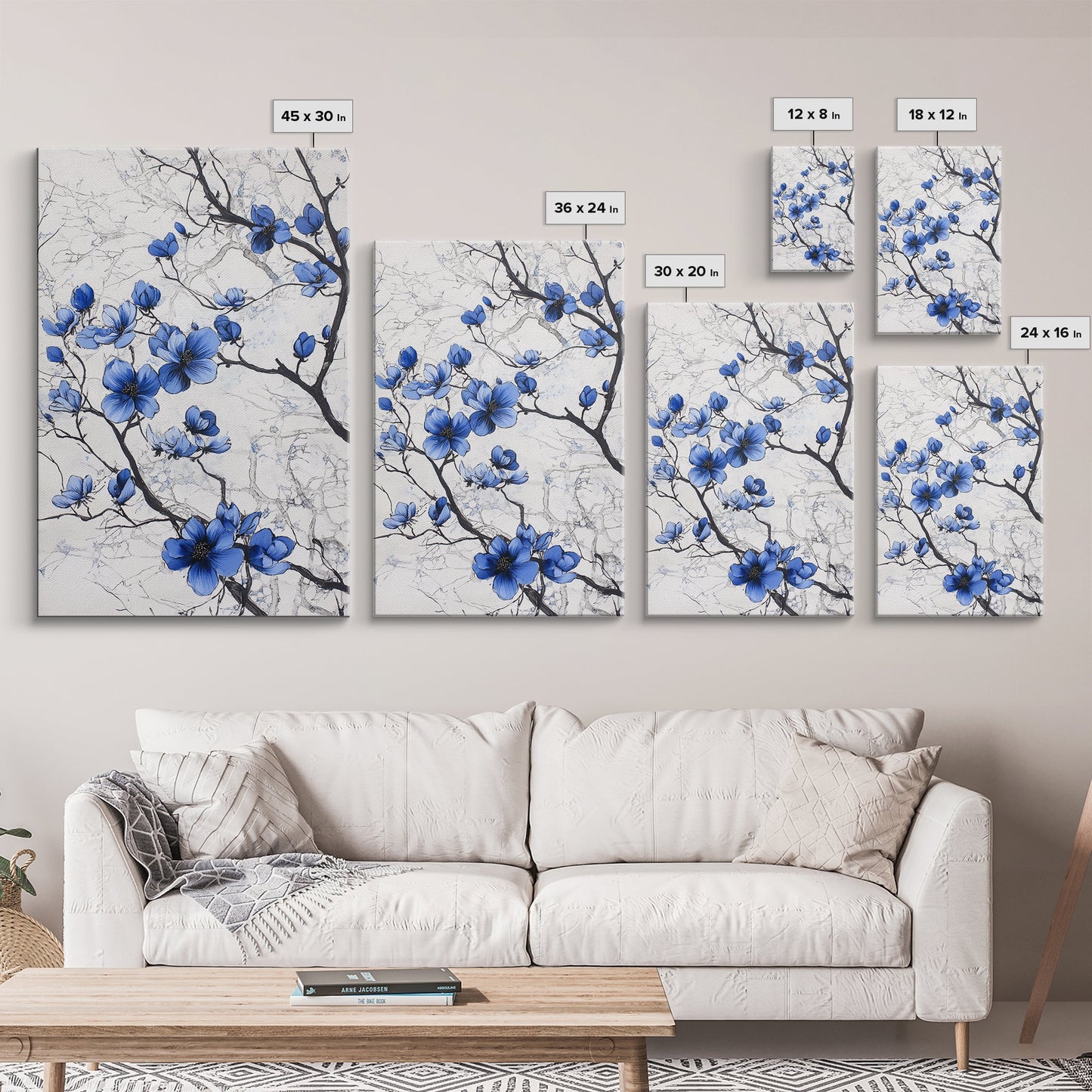 Wabi Sabi Wall Art Framed Canvas Print, Chinoiserie Wall Art, Chinoiserie Style Home Decor, Blue Flower Floral Print Wall Decor