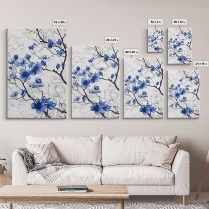 Wabi Sabi Wall Art Framed Canvas Print, Chinoiserie Wall Art, Chinoiserie Style Home Decor, Blue Flower Floral Print Wall Decor