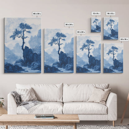 Chinoiserie Wall Art, Chinoiserie Style Canvas Print, Chinoiserie Blue Painting, Retro Boho Style Minimalist Wall Art, Blue Painting