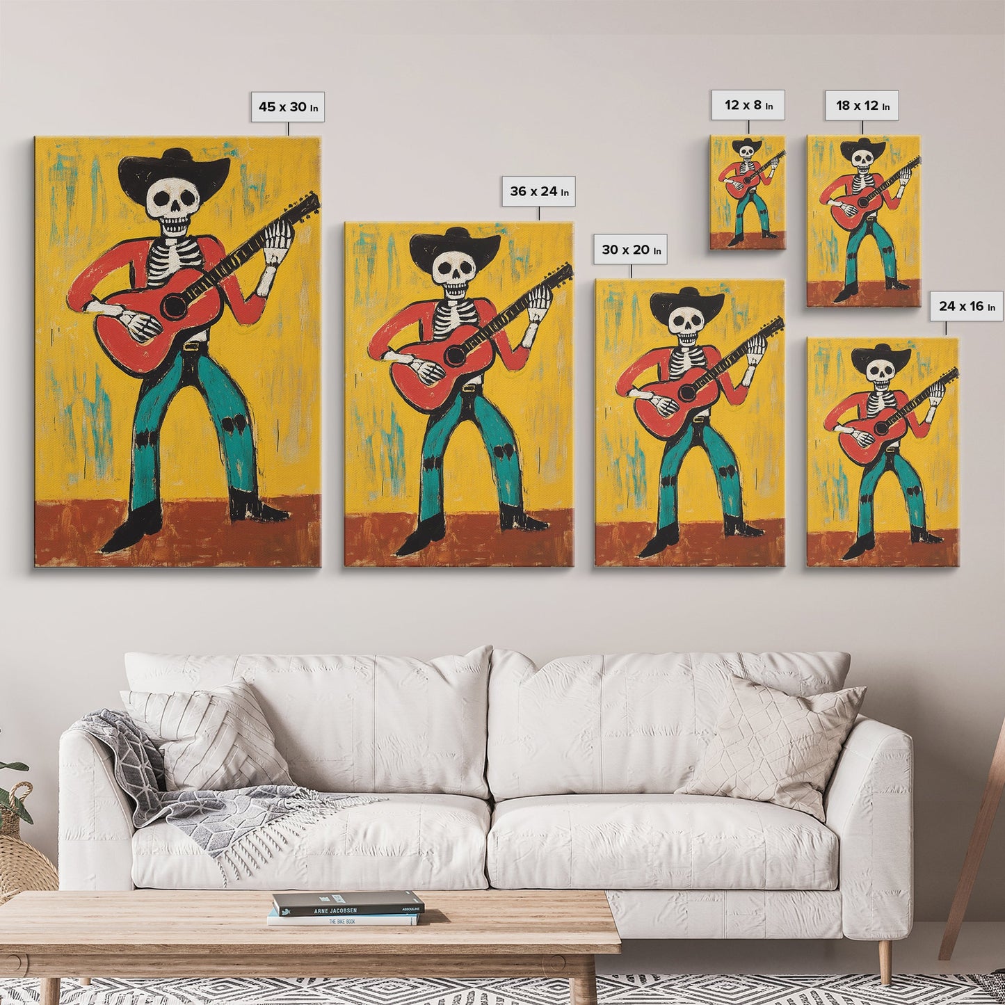 Canvas Print Of a Cowboy Skeleton Guitarist, Mexicano Art, Chicano Art, Original Artwork, Vaquero Art
