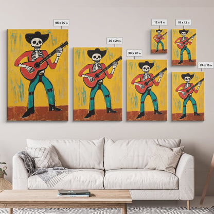 Canvas Print Of a Cowboy Skeleton Guitarist, Mexicano Art, Chicano Art, Original Artwork, Vaquero Art