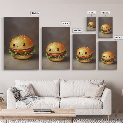 Kawaii Hamburger Canvas Print, Cute Hamburger Painting, Veggie Burger, Kawaii Wall Art, Kawaii Decor