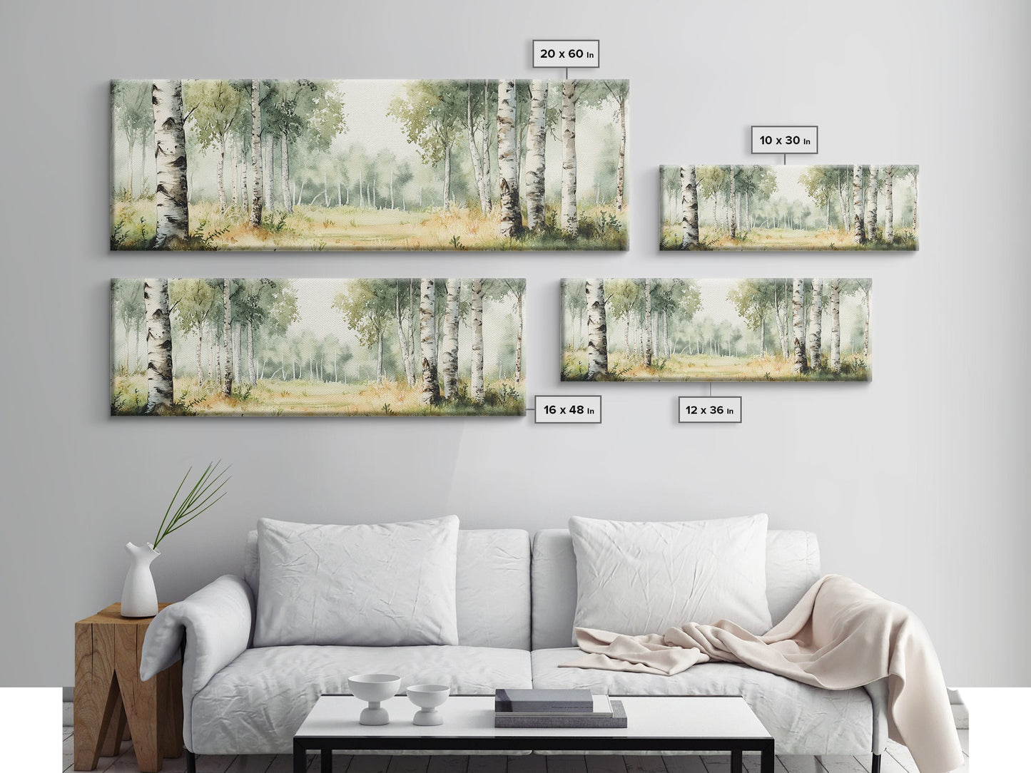Silver Birch Trees in Spring Panoramic Canvas Print, Panoramic Painting, Aspen Trees Painting, Forest Landscape Horizontal Wall Art