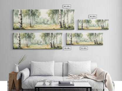 Silver Birch Trees in Spring Panoramic Canvas Print, Panoramic Painting, Aspen Trees Painting, Forest Landscape Horizontal Wall Art