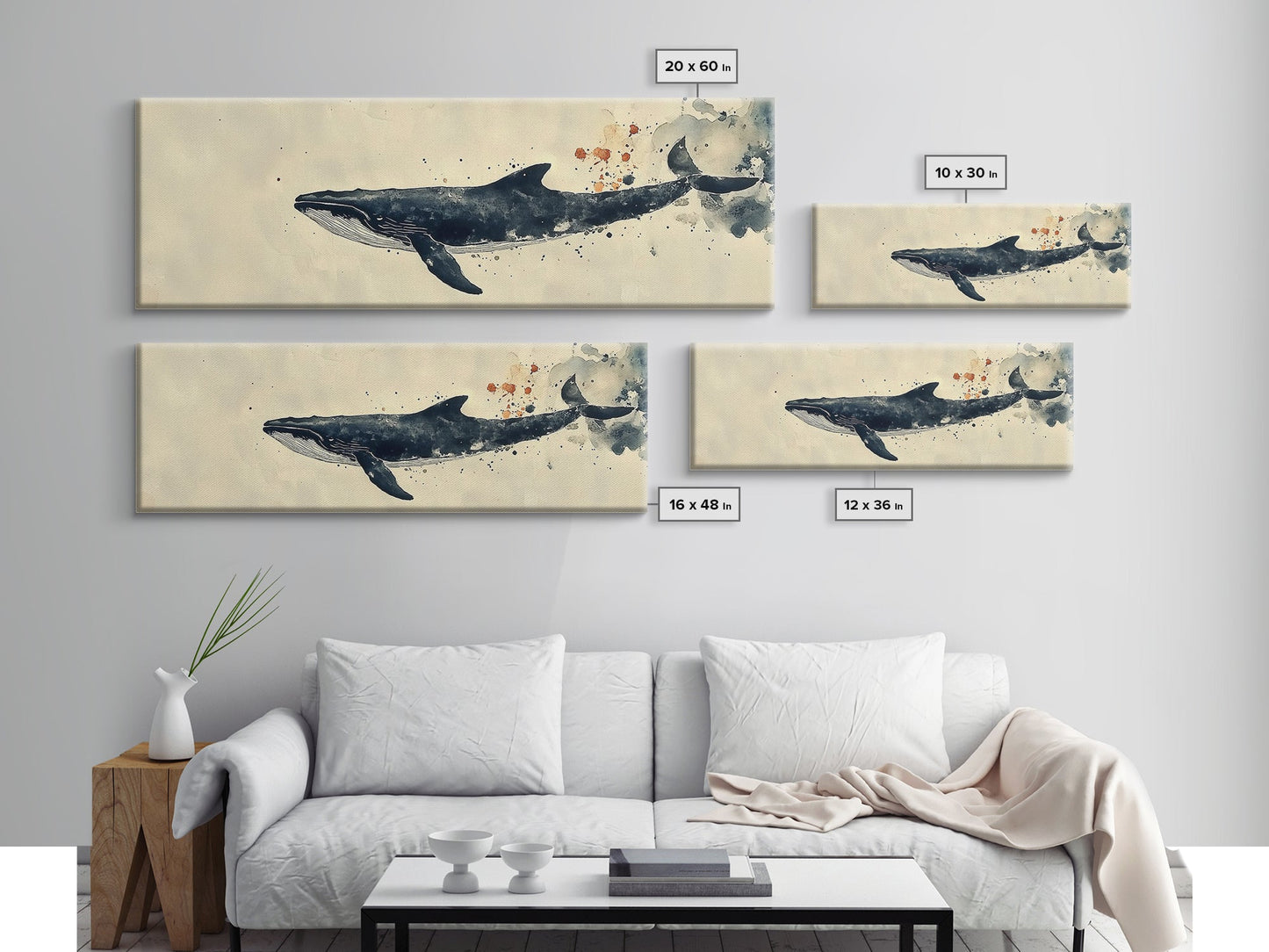 Humpback Whale Wall Art on Canvas - Framed Wall Art - Large Panoramic Gallery Wrapped Canvas Ready To Hang - Wabi Sabi Whale Print